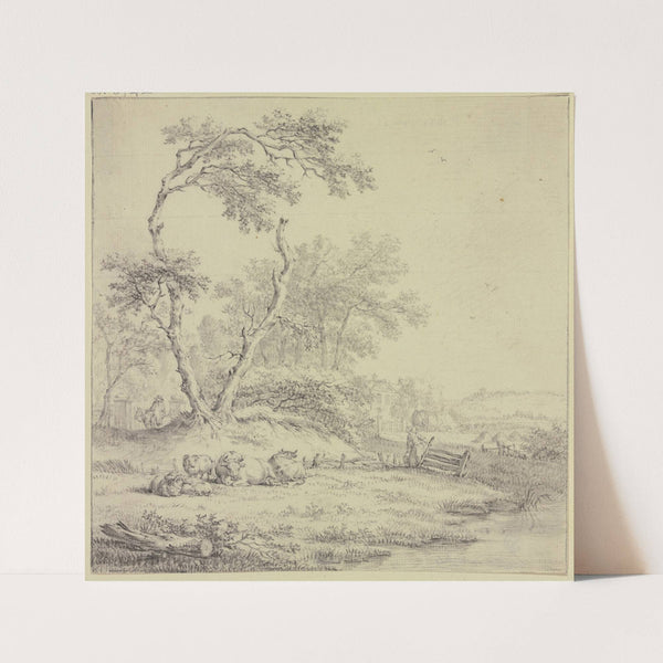 Bei einer Baumgruppe an einem Zaun liegendes Vieh, rechts eine Frau mit einem Eimer by Jacob Cats