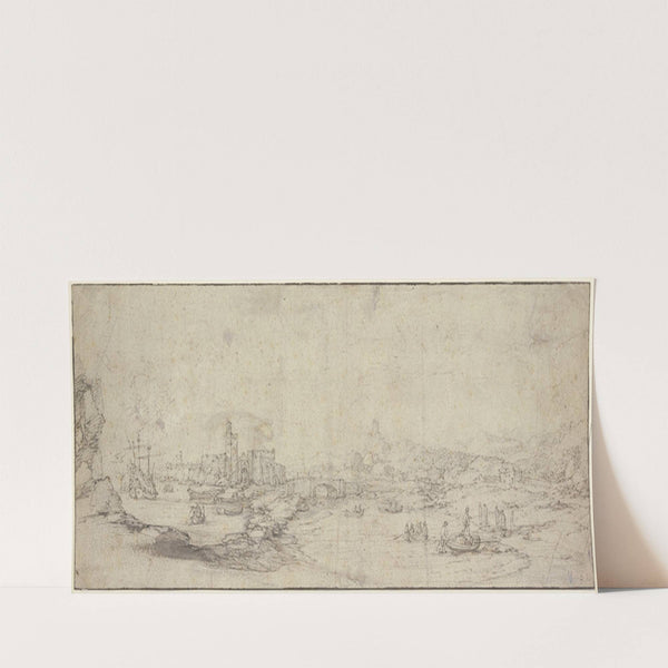 Bei einer ruinierten Festung eine Brücke über einen mit Kähnen befahrenen Fluß, links ein großes Schiff by Claude Lorrain