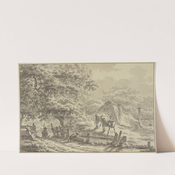 Bei Hütten hinter einem Zaun zwei Kühe, die ein Hund anbellt by Jacob Cats