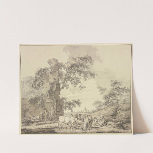Bei Ruinen ein Hirte zu Pferde in Unterhaltung mit einem zu Fuße, vorne eine Hirtin mit einigem Vieh by Bernhard Hendrik Thier