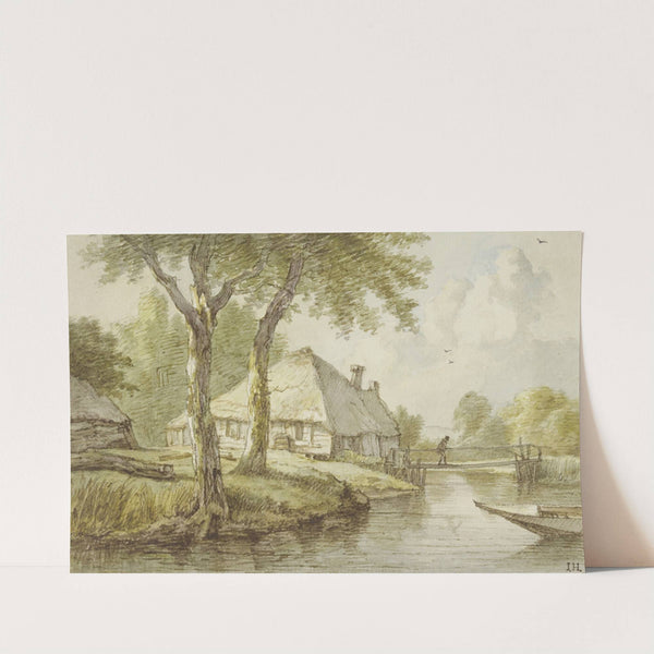 Bei zwei Bäumen ein Haus am Wasser, ein Steg, rechts die Spitze eines Kahnes by Jan Hulswit