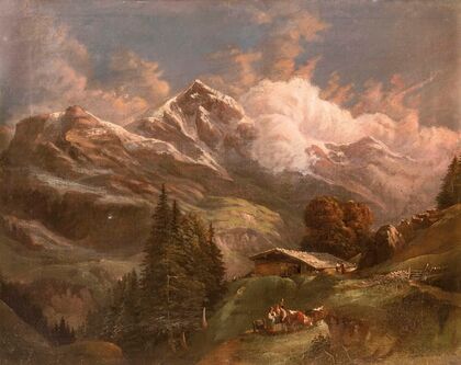 Belebte Hochalm mit Blick auf Alpengipfel
