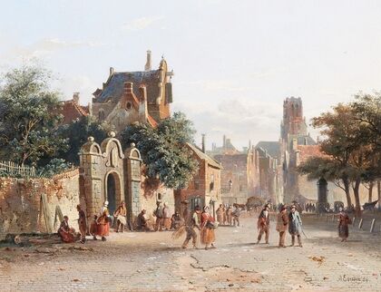 Belebte Straße in einer holländischen Stadt (1854)