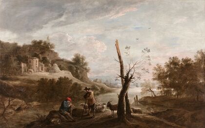 Bergers et leurs troupeaux dans un paysage