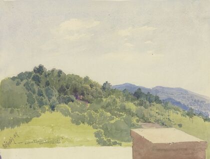 Berglandschaft, von einer Burganlage aus betrachtet