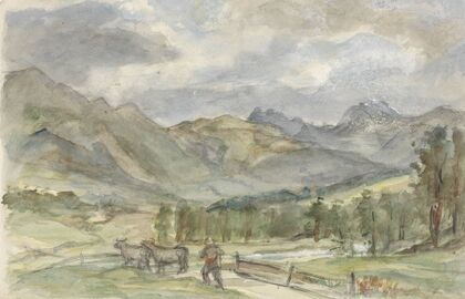 Berglandschap met veehoeder en twee koeien