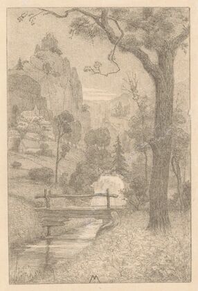 Berglandschap met waterval en brug (1901)