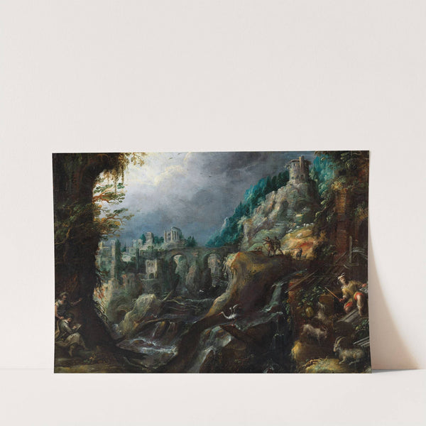 Berglandskap med forsande flod, klassiska ruiner och herdar by Lodewijk Toeput