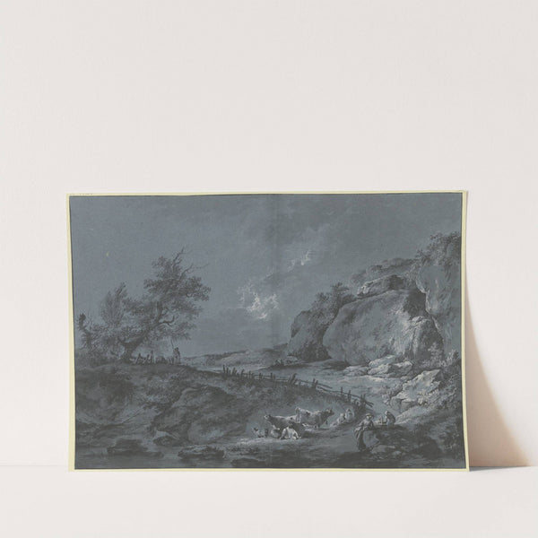 Bergweg am Fuß von Felsen, an der Biegung durch einen Lattenzaun begrenzt, iIm Vordergrund Hirten, Rinder und Schafe by Johann Heinrich Wüest