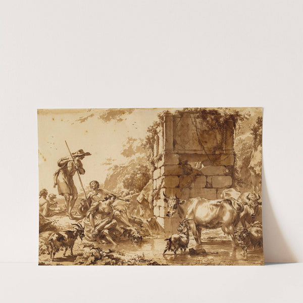 Bétail à l'abreuvoir, avec un berger et quatre bergères (Lugt 5) by Nicolaes Pietersz. Berchem