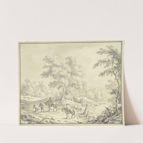 Bewaldete hügelige Landschaft, in der Mitte eine Baumgruppe, hinter der Häuser liegen, im Vordergrund ein Mann und eine Frau zu Pferde mit zwei Begleitern zu Fuß by Johann Christoph Dietzsch