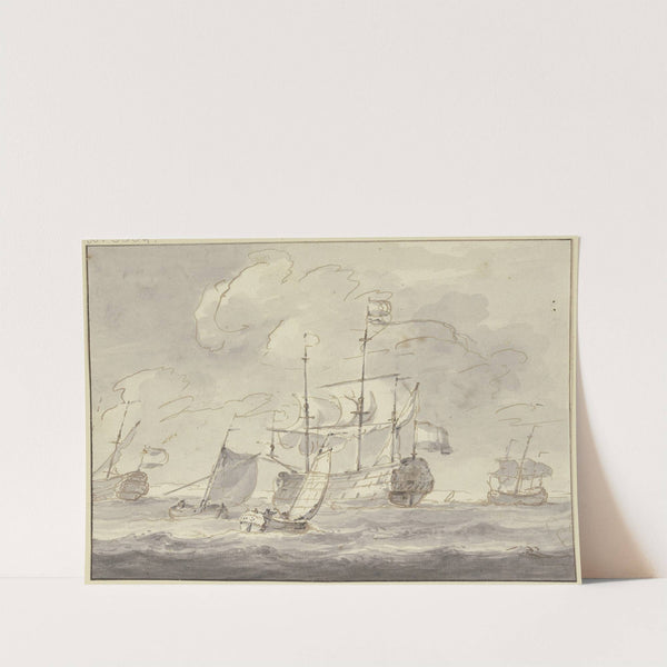 Bewegte See, drei große Schiffe und zwei Boote nach rechts segelnd by Ludolf Backhuysen