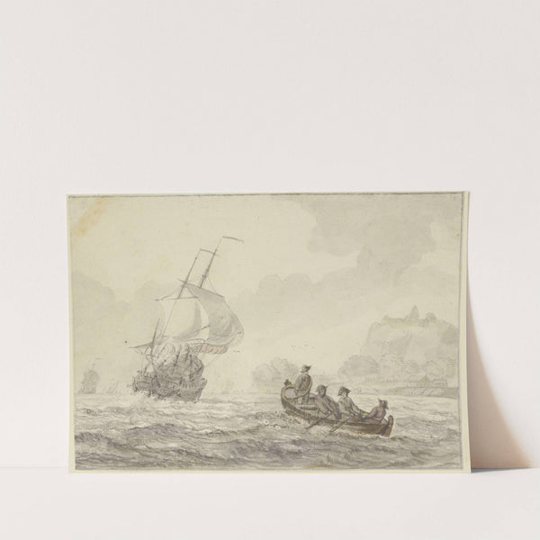 Bewegte See, links segelt ein großes Schiff, rechts ein Ruderboot mit vier Mann by Wigerus Vitringa