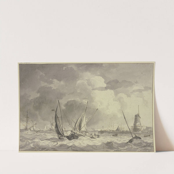 Bewegte See mit vielen Schiffen, rechts der Hafen mit einer Windmühle und einer großen Kanone by Hendrik Kobell