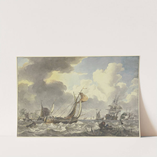 Bewegte See, viele Schiffe laufen aus, vorne rechts ein Fischerboot, in welchem ein Netz gezogen wird by Hendrik Kobell