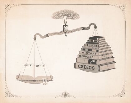 Bible and books on a scale (1877)