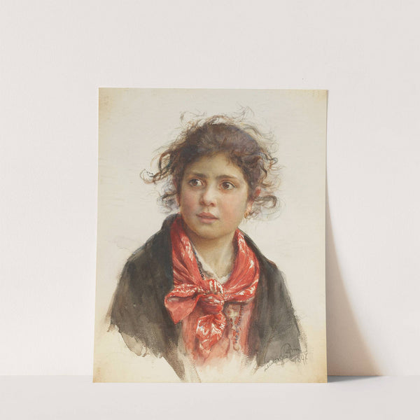 Bildnis eines scheuen Mädchens mit rotem Halstuch und zerzausten Locken by Ludwig Johann Passini