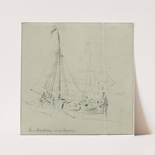 Binnenvaartschip aan oever te Arnhem by Pieter van Loon