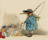 Bird brings a fish to his off-spring. Satirical print