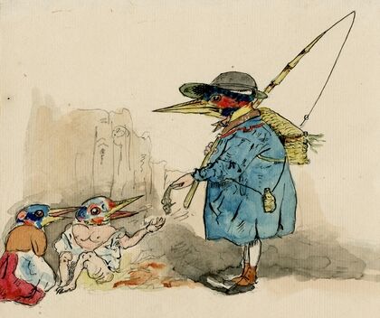 Bird brings a fish to his off-spring. Satirical print
