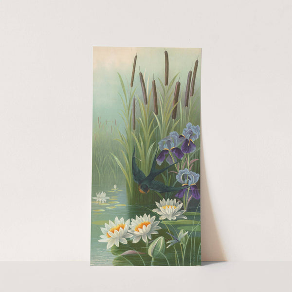 Bird flying over water with cat tail plants, Irises and water lilies by Le Roy