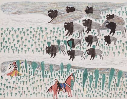 Bison hunt with Indian on horseback and on foot