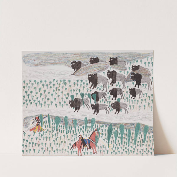 Bison hunt with Indian on horseback and on foot by Howling Wolf