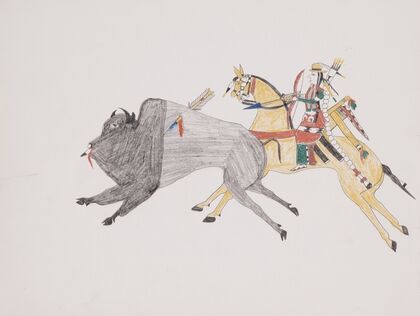 Bison hunt with Indian on horseback.