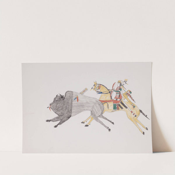 Bison hunt with Indian on horseback. by Howling Wolf