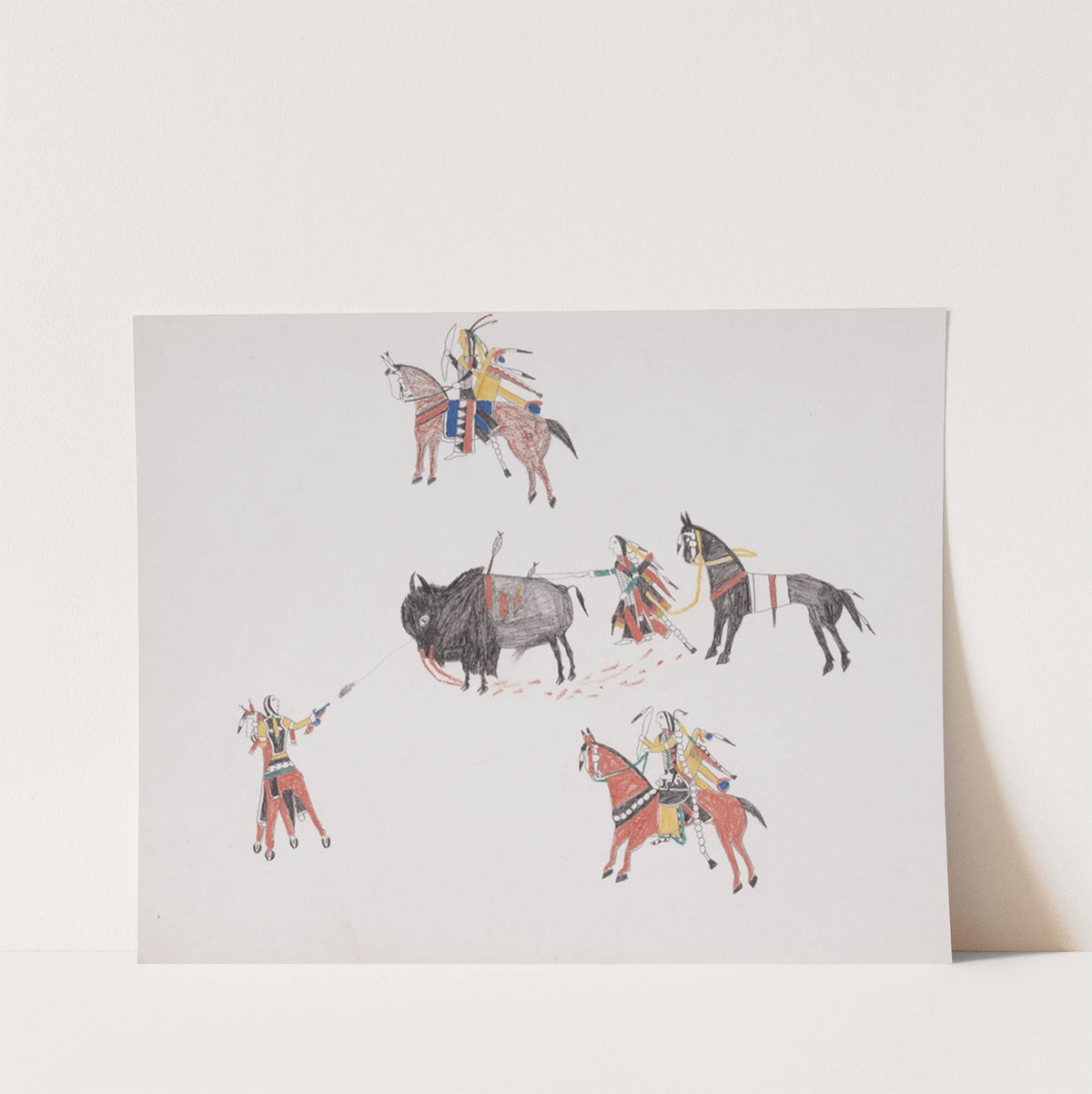 Bison hunt with Indians on horseback and on foot by Howling Wolf