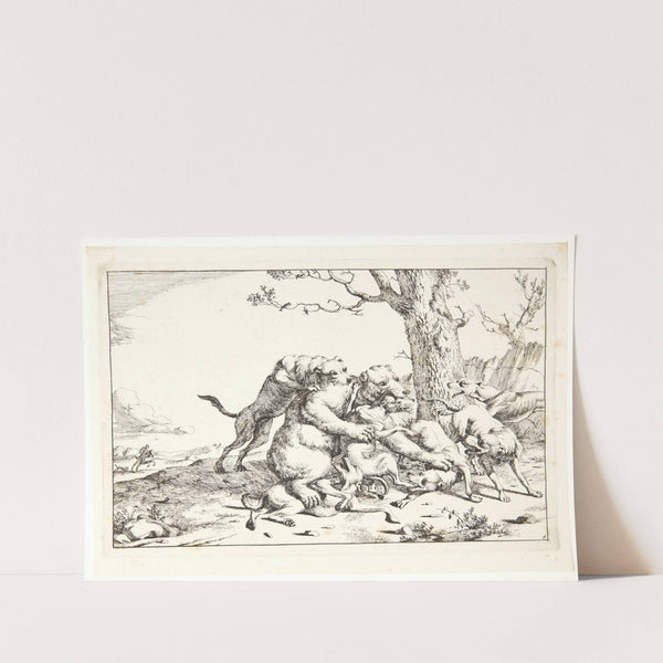 Bjørn kæmpende mod seks hunde by Marcus de Bye