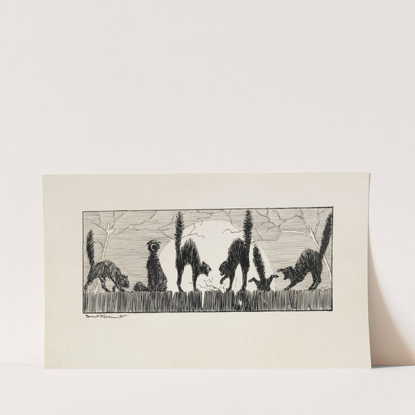 Black cats threatening each other on a fence at night. (1895) by William Henry Walker