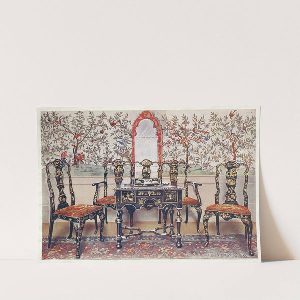 Black lacquer settee, chairs and table, red lacquer mirror by Edwin Foley