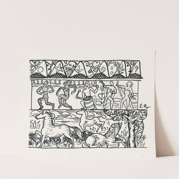 Blad met drie stroken afbeeldingen; paarden, dansende mensen en maskers (1891) by Leo Gestel