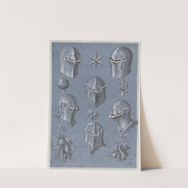 Blad met zes helmen, een ster, een heraldieke lelie, een bel en drie vruchtentrossen by Monogrammist TA