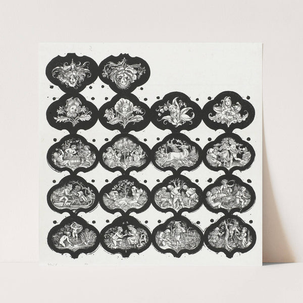 Blad met zeventien vignetten met verbeeldingen van de twaalf maanden en bloemen met meisjesgezichten by Eugen Napoleon Neureuther