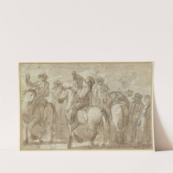 Blasender Trompeter zu Pferde, umgeben von mehreren Reitern by Jacques Courtois