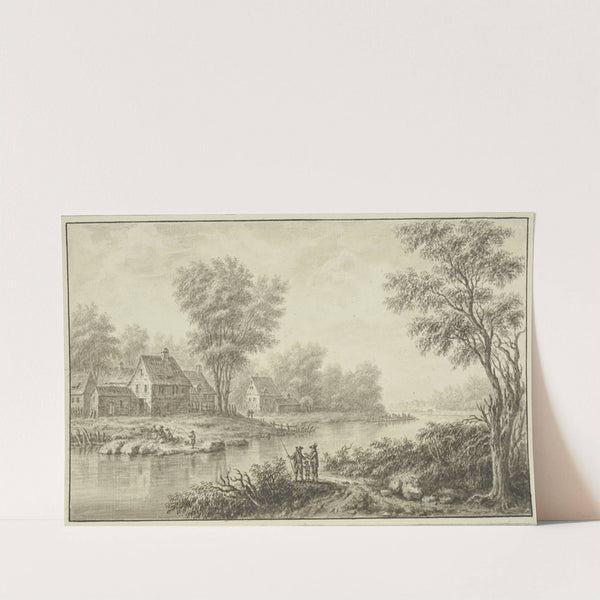 Blick auf einen Fluß, am linken Ufer eine Häusergruppe unter Bäumen, im Vordergrund eine Anglergruppe by Johann Caspar Zehender