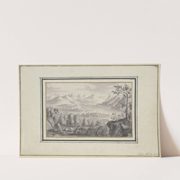 Blick auf einen See zwischen hohen Bergen und eine Stadt auf einer Landzunge, im Vordergrund ein Hirte mit Schafen by Johann Rudolf Studer