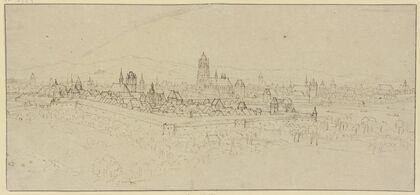 Blick auf Frankfurt am Main vom Mühlberg aus gesehen, im Vordergrund, von der Stadtmauer umschlossen, Sachsenhausen