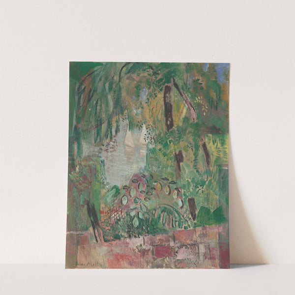 Blick auf See, mit Blättern und zwei weißen Segelbooten by Oskar Moll