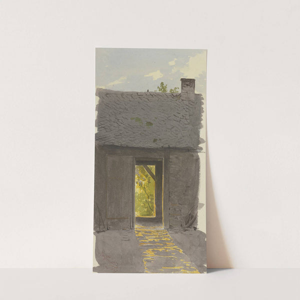 Blick durch die geöffneten Türen einer Scheune im Abendlicht by Carl Theodor Reiffenstein