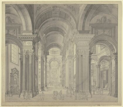 Blick in das Innere einer Barockkirche mit Staffagefiguren in der Tracht des 17. Jahrhunderts
