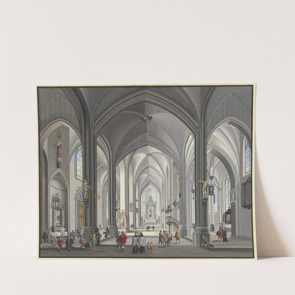 Blick in das Innere einer gotischen Hallenkirche mit vielen Staffagefiguren in der Tracht des 17. Jahrhunderts, links liest ein Priester die Messe, 1790 by Johann Ludwig Ernst Morgenstern