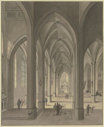 Blick in den Chor einer dreischiffigen gotischen Hallenkirche mit Staffagefiguren in der Tracht des 17. Jahrhunderts