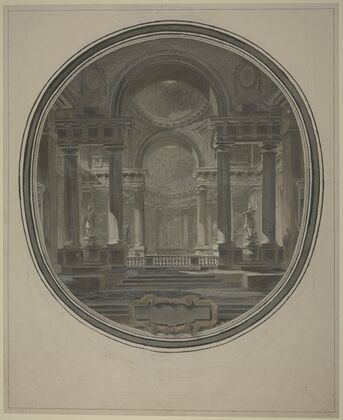 Blick in die Rotunde eines antiken Tempels, unten eine leere Kartusche