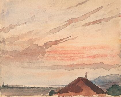 Blick über ein Hausdach auf das Nordostende des Neuenburger Sees bei Abenddämmerung
