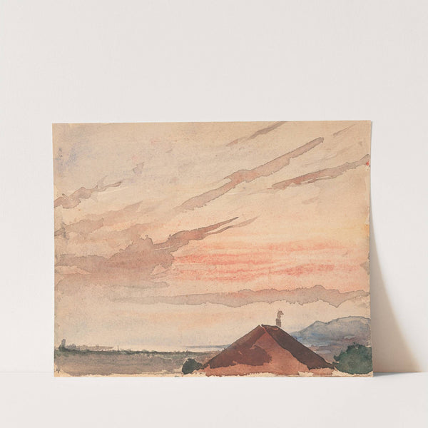 Blick über ein Hausdach auf das Nordostende des Neuenburger Sees bei Abenddämmerung (1892) by Albert Anker