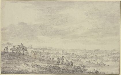 Blick über eine weite Landschaft mit Kirchturm