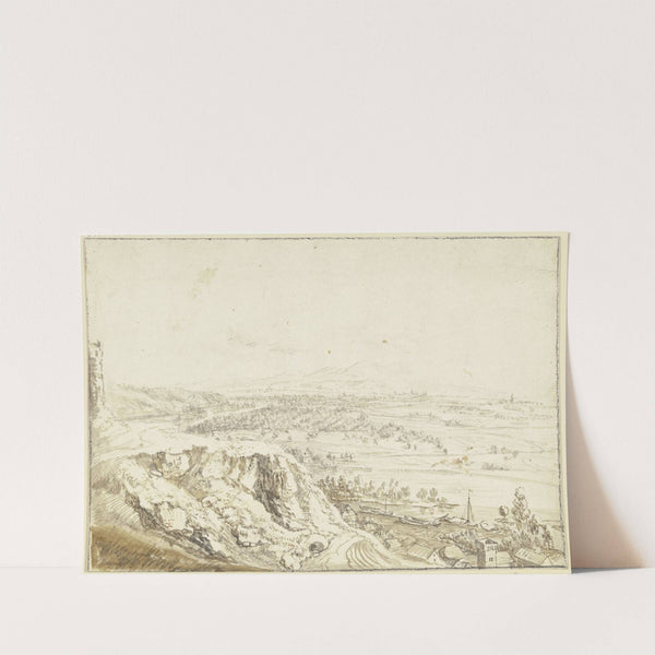 Blick von einer Anhöhe über ein Flusstal auf ferne Berge, im Vordergrund eine Ortschaft, Schleppkähne auf dem Fluss by Christian Georg Schütz the elder